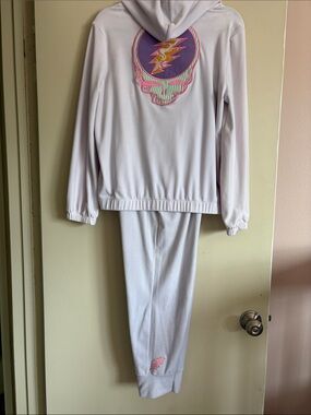 Grateful Dead inspired Upcycled 2 piece White Zip Up Hoodie pants set